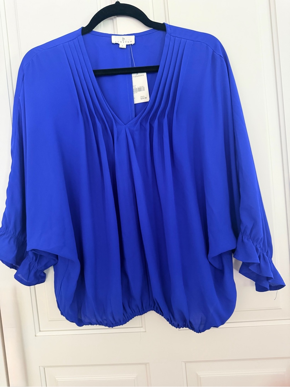 Fun2Fun from Versona. Royal Blue Pleated V-Neck Blouson Tunic